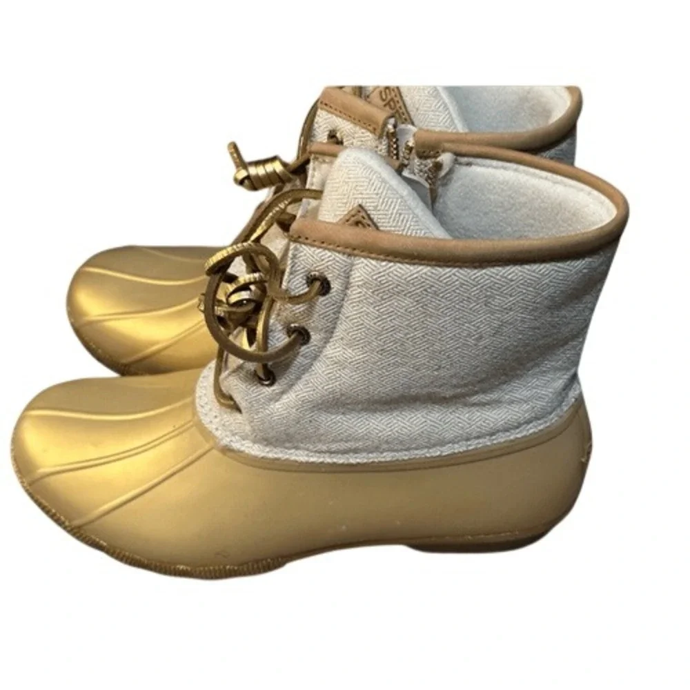 Sperry Saltwater Duck Boots Metallic Gold Oatmeal Waterproof Rain Boots Womens 8